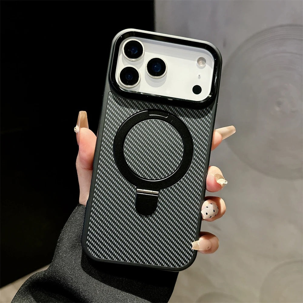 Luxury iPhone Case — Magnetic, Shockproof Matte Carbon Fiber Armor Cover with Built-In Bracket Stand and MagSafe Holder Support