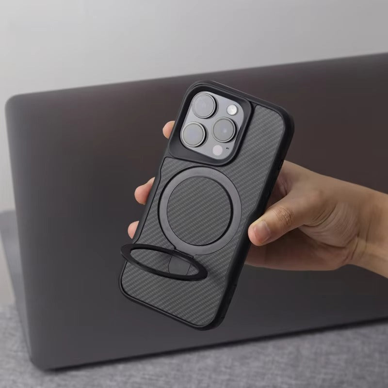 Luxury iPhone Case — Magnetic, Shockproof Matte Carbon Fiber Armor Cover with Built-In Bracket Stand and MagSafe Holder Support