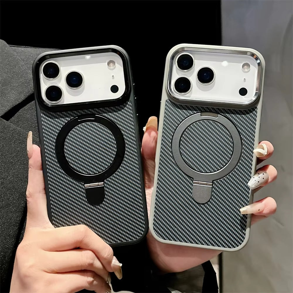 Luxury iPhone Case — Magnetic, Shockproof Matte Carbon Fiber Armor Cover with Built-In Bracket Stand and MagSafe Holder Support