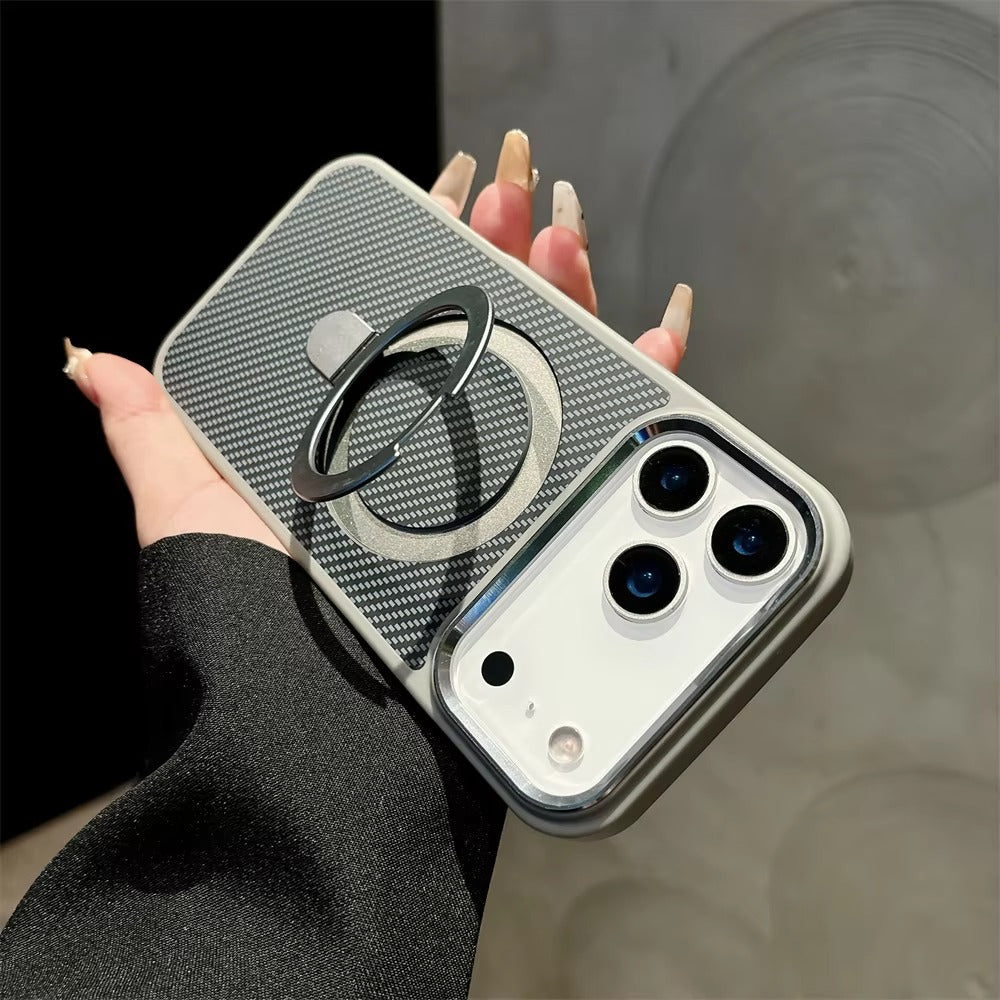 Luxury iPhone Case — Magnetic, Shockproof Matte Carbon Fiber Armor Cover with Built-In Bracket Stand and MagSafe Holder Support