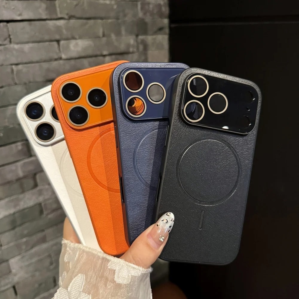 Luxury iPhone Case — Matte Solid-Color Leather Magnetic Cover with All-Inclusive Lens Protection and Full Shockproof Design