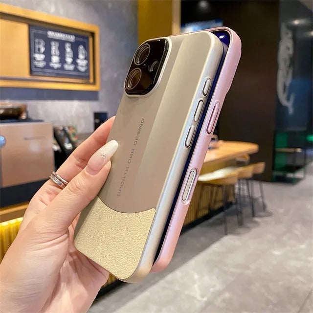 Luxury iPhone Case — Matte Splicing Leather Hard PC Cover with Lens Protection, Shockproof Anti-Fingerprint Anti-Scratch Design & Non-Slip Textured Finish