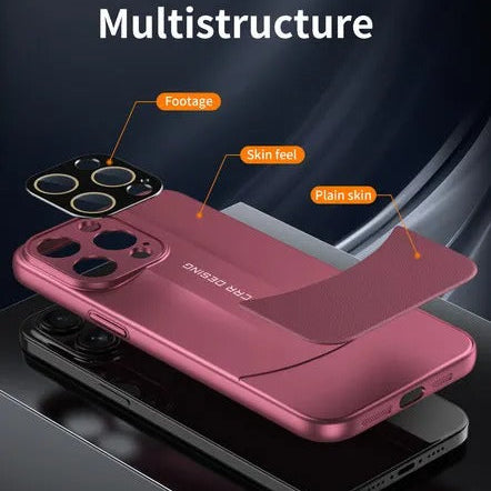 Luxury iPhone Case — Matte Splicing Leather Hard PC Cover with Lens Protection, Shockproof Anti-Fingerprint Anti-Scratch Design & Non-Slip Textured Finish