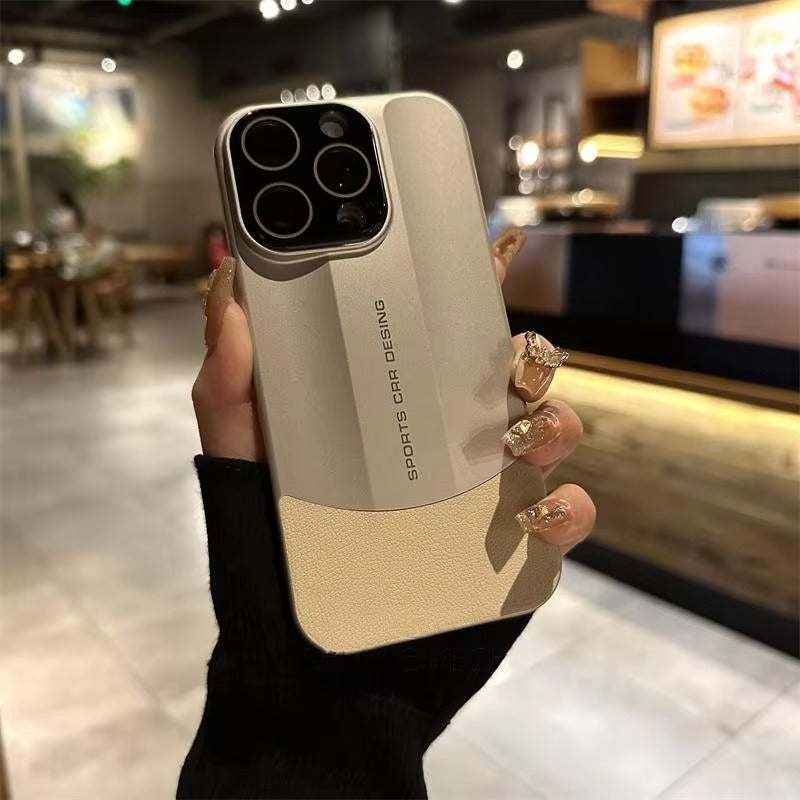 Luxury iPhone Case — Matte Splicing Leather Hard PC Cover with Lens Protection, Shockproof Anti-Fingerprint Anti-Scratch Design & Non-Slip Textured Finish