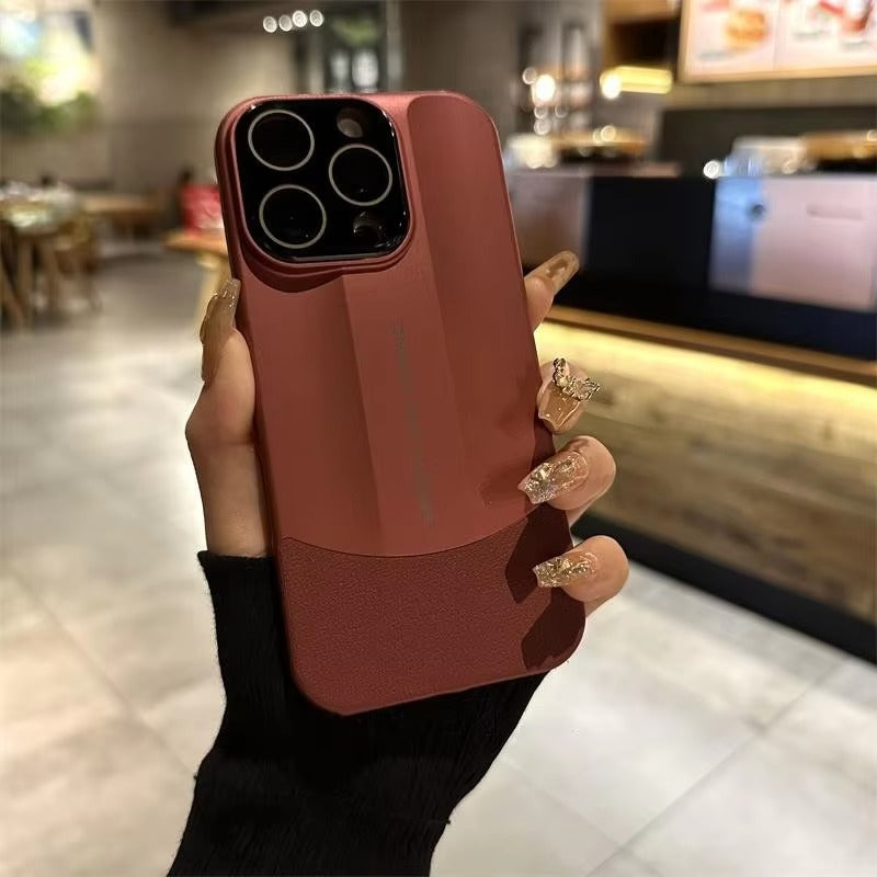Luxury iPhone Case — Matte Splicing Leather Hard PC Cover with Lens Protection, Shockproof Anti-Fingerprint Anti-Scratch Design & Non-Slip Textured Finish