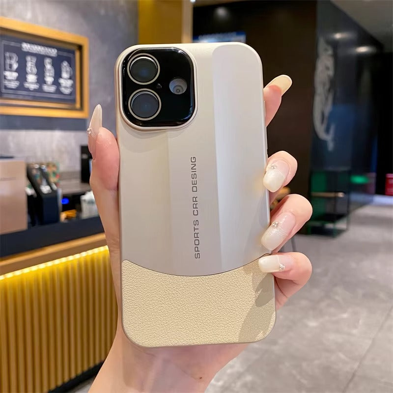Luxury iPhone Case — Matte Splicing Leather Hard PC Cover with Lens Protection, Shockproof Anti-Fingerprint Anti-Scratch Design & Non-Slip Textured Finish
