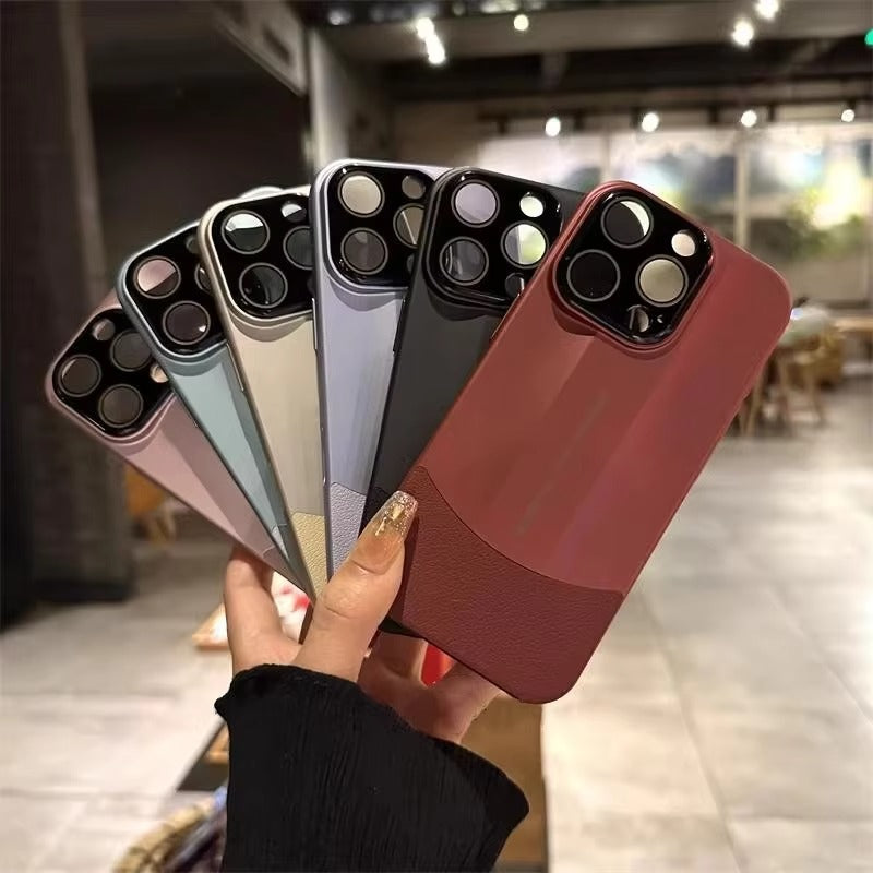 Luxury iPhone Case — Matte Splicing Leather Hard PC Cover with Lens Protection, Shockproof Anti-Fingerprint Anti-Scratch Design & Non-Slip Textured Finish