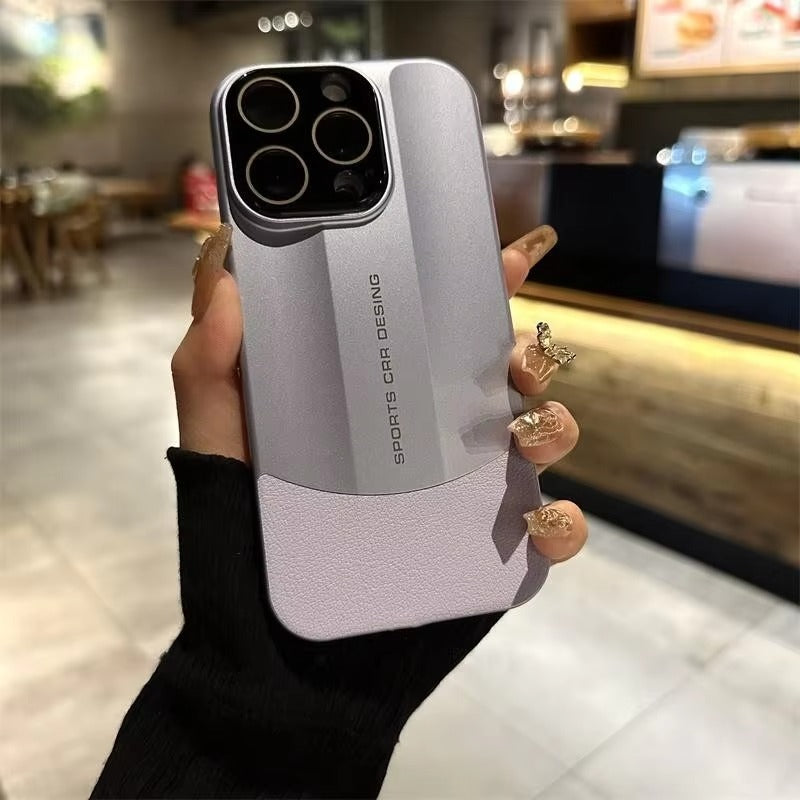 Luxury iPhone Case — Matte Splicing Leather Hard PC Cover with Lens Protection, Shockproof Anti-Fingerprint Anti-Scratch Design & Non-Slip Textured Finish