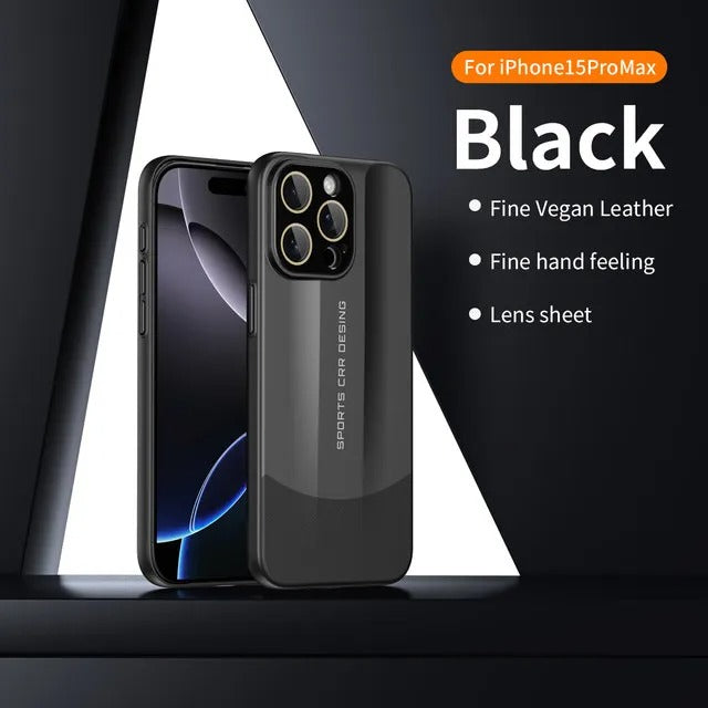 Luxury iPhone Case — Matte Splicing Leather Hard PC Cover with Lens Protection, Shockproof Anti-Fingerprint Anti-Scratch Design & Non-Slip Textured Finish