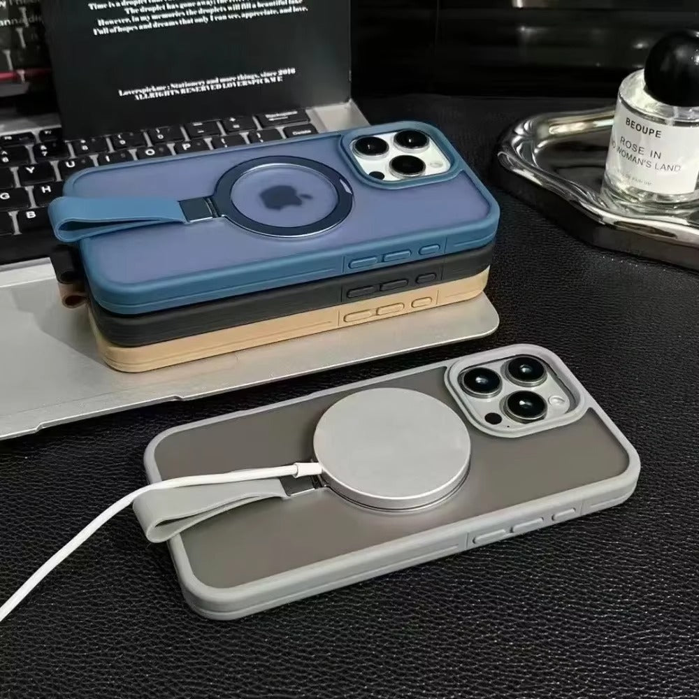 Luxury iPhone Case — Matte Transparent MagSafe Cover with Wrist Strap Holder, Shockproof TPU+PC Protection and Anti-Fingerprint Scratch-Resistant Design