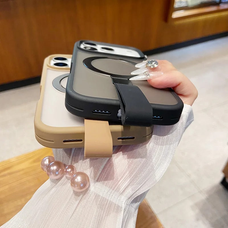 Luxury iPhone Case — Matte Transparent MagSafe Cover with Wrist Strap Holder, Shockproof TPU+PC Protection and Anti-Fingerprint Scratch-Resistant Design