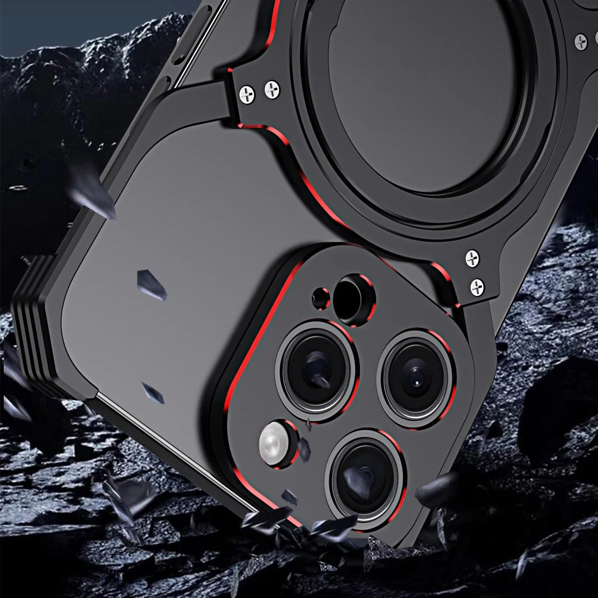 Luxury iPhone Case — Metal Alloy Punk Frame Bumper with 360° Rotating MagSafe Stand Ring, Shockproof Anti-Scratch Non-Slip Design