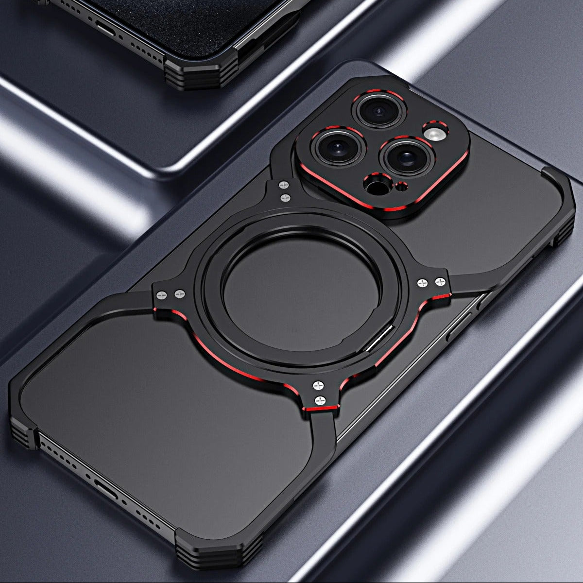 Luxury iPhone Case — Metal Alloy Punk Frame Bumper with 360° Rotating MagSafe Stand Ring, Shockproof Anti-Scratch Non-Slip Design