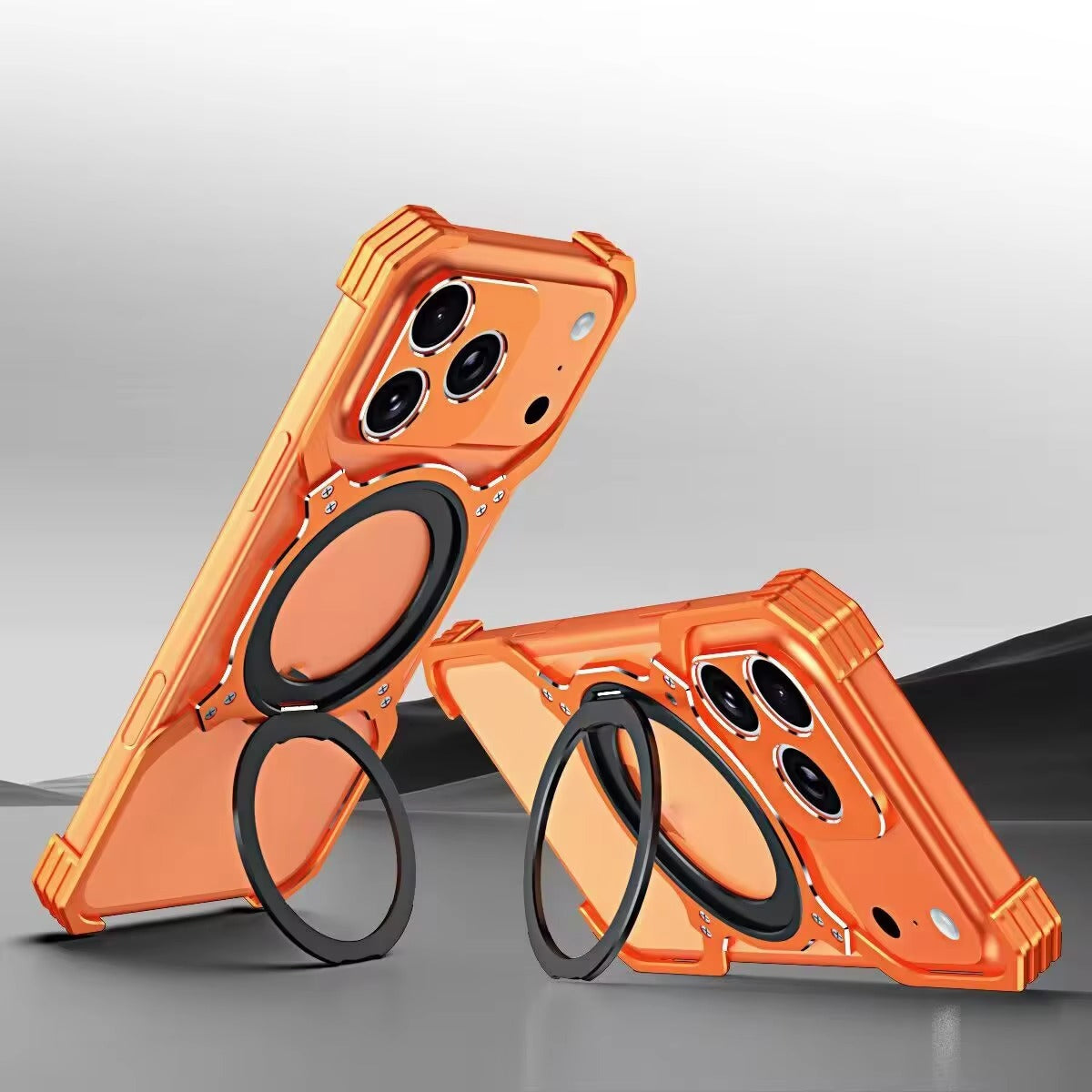 Luxury iPhone Case — Metal Alloy Punk Frame Bumper with 360° Rotating MagSafe Stand Ring, Shockproof Anti-Scratch Non-Slip Design