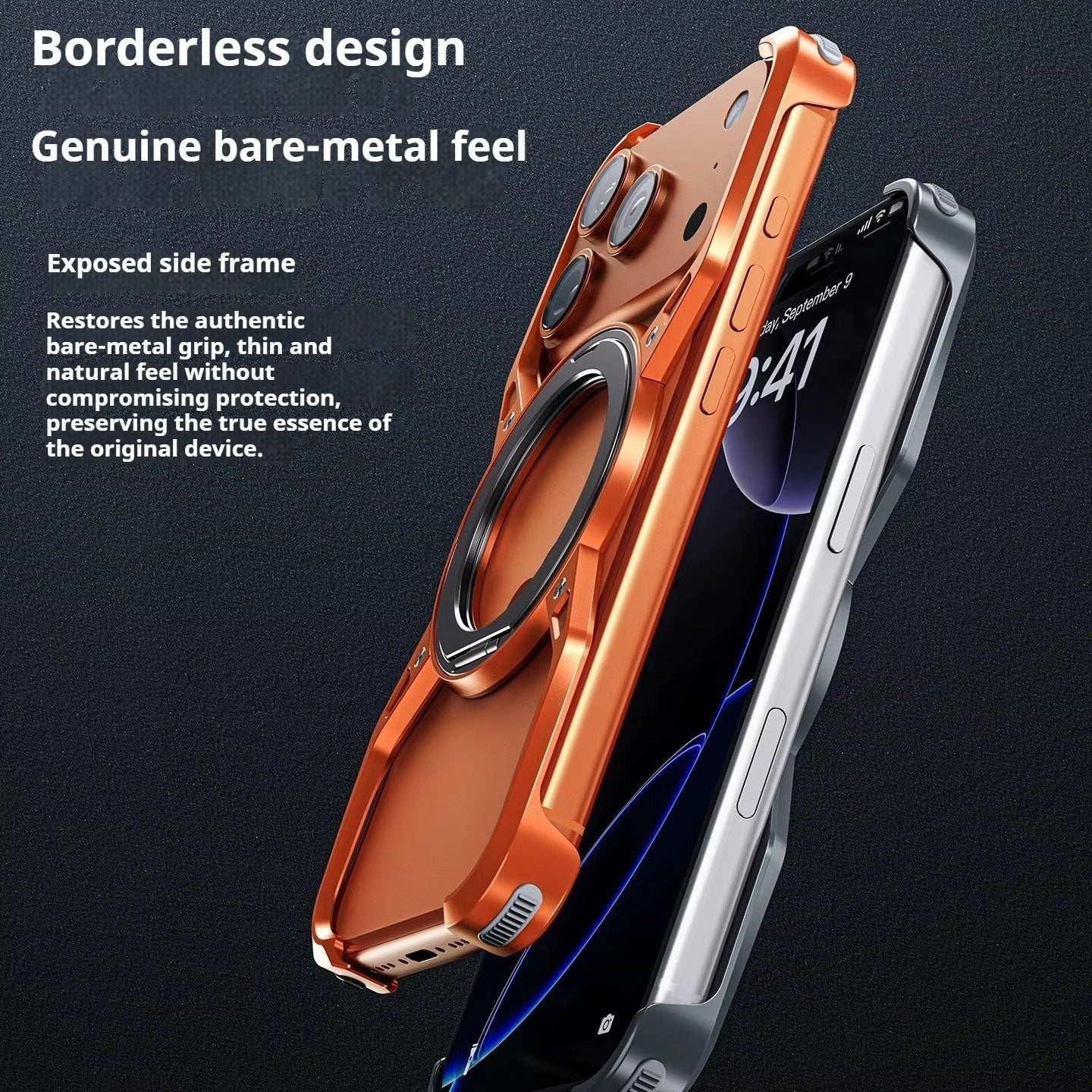 Luxury iPhone Case — Metal Alloy Punk Frame Bumper with 360° Rotating MagSafe Stand Ring, Shockproof Anti-Scratch Non-Slip Design
