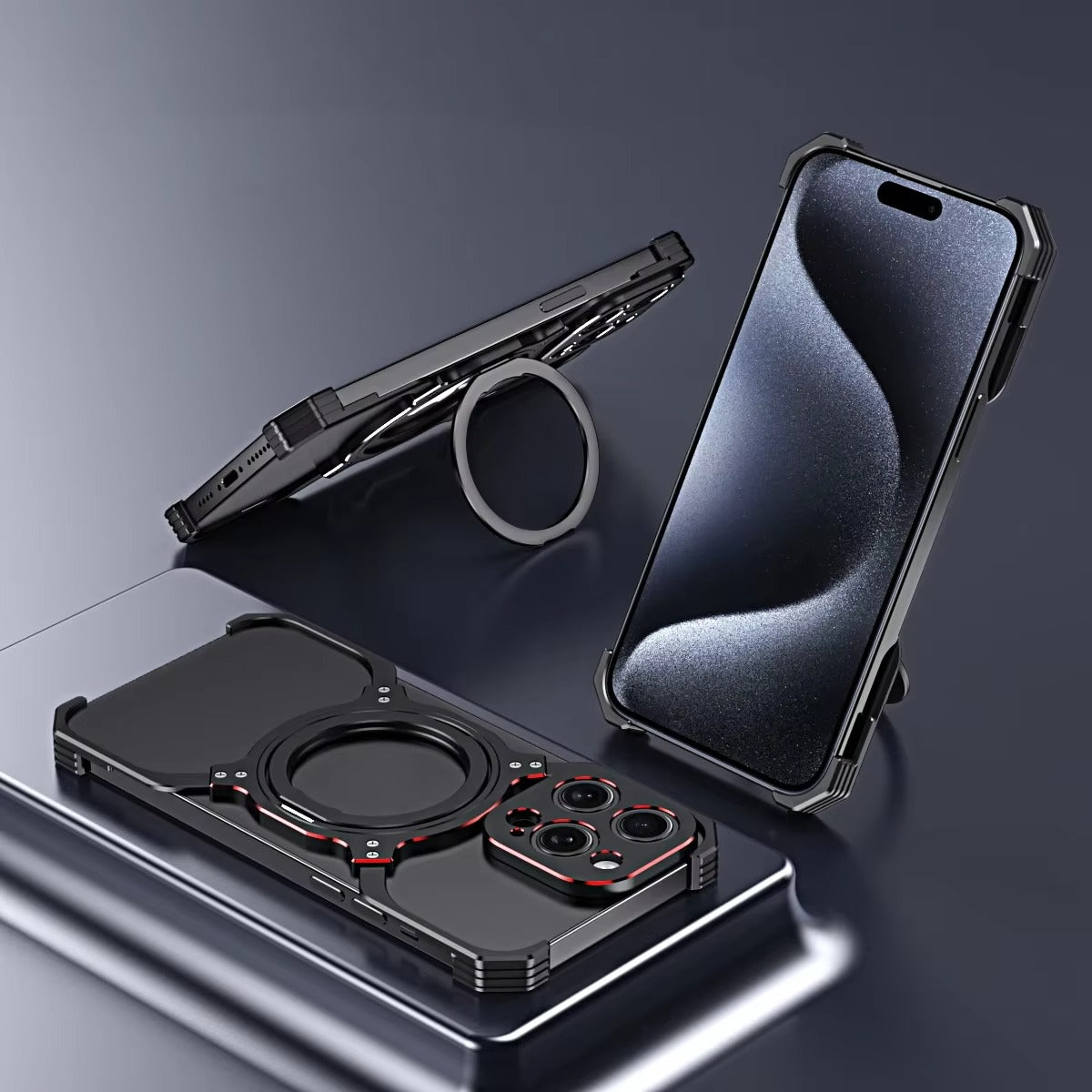 Luxury iPhone Case — Metal Alloy Punk Frame Bumper with 360° Rotating MagSafe Stand Ring, Shockproof Anti-Scratch Non-Slip Design