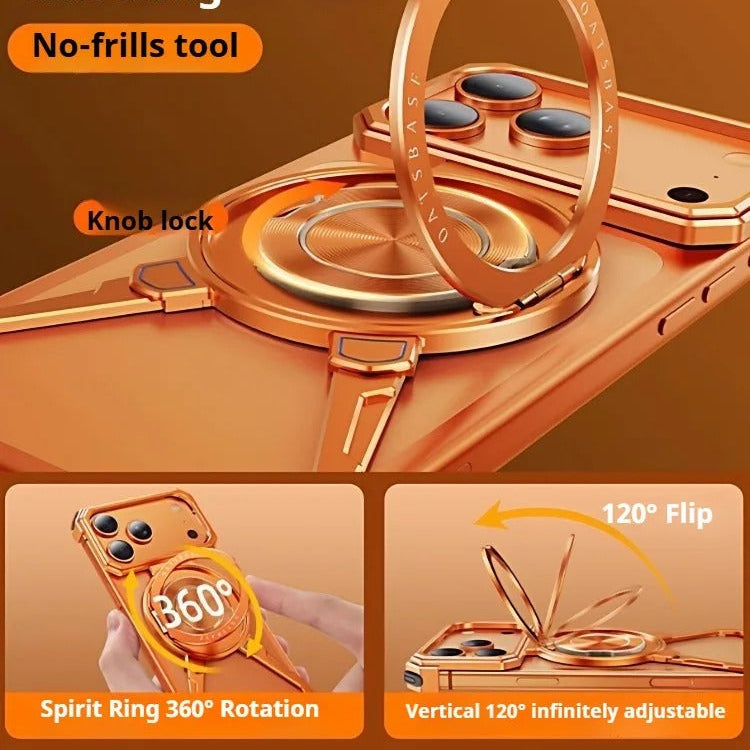 Luxury iPhone Case — Metal Frameless Shockproof Bumper Cover with 360° Rotating Ring Stand and Full Protective Design