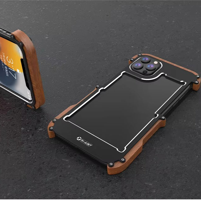 Luxury iPhone Case — Metal + Real Wood Bumper Cover with Shockproof Drop-Proof Aluminum Frame, Lightweight Non-Slip Design and Premium Craft Finish
