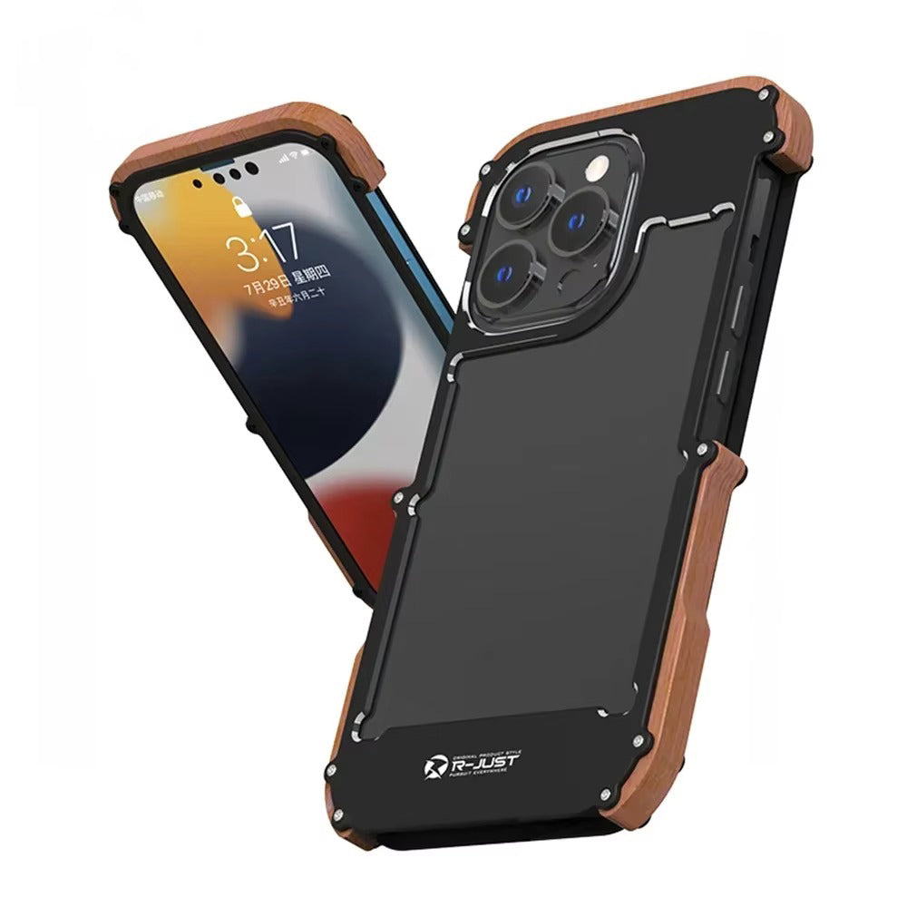 Luxury iPhone Case — Metal + Real Wood Bumper Cover with Shockproof Drop-Proof Aluminum Frame, Lightweight Non-Slip Design and Premium Craft Finish