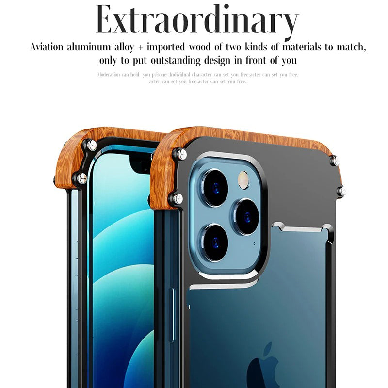 Luxury iPhone Case — Metal + Real Wood Bumper Cover with Shockproof Drop-Proof Aluminum Frame, Lightweight Non-Slip Design and Premium Craft Finish