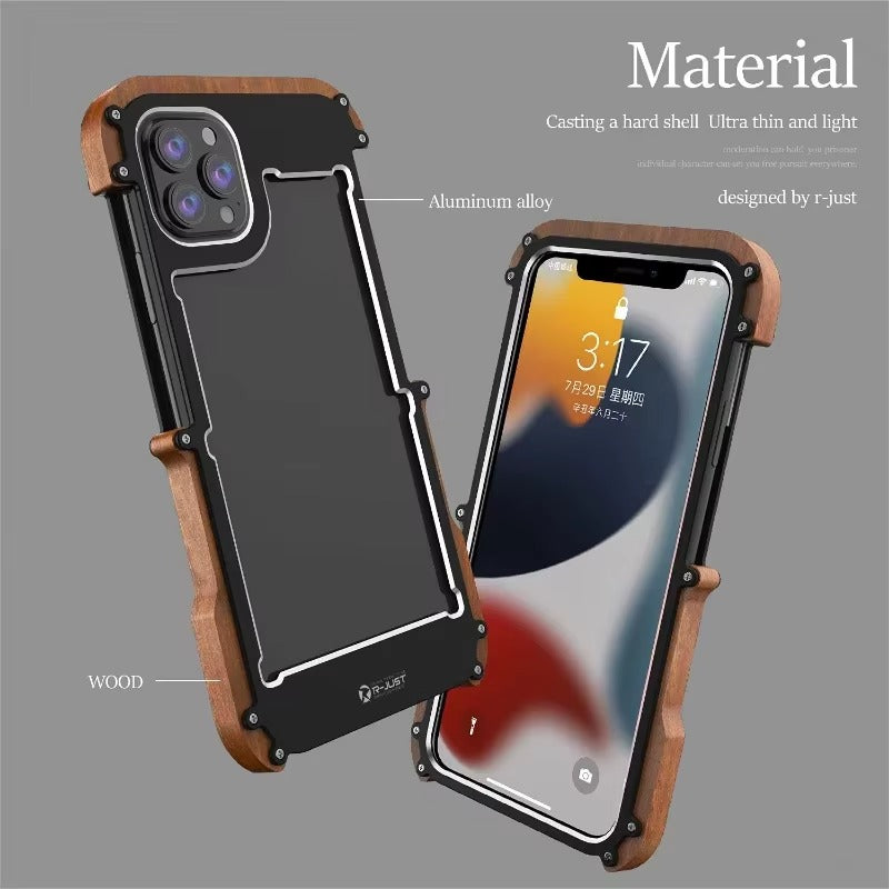 Luxury iPhone Case — Metal + Real Wood Bumper Cover with Shockproof Drop-Proof Aluminum Frame, Lightweight Non-Slip Design and Premium Craft Finish