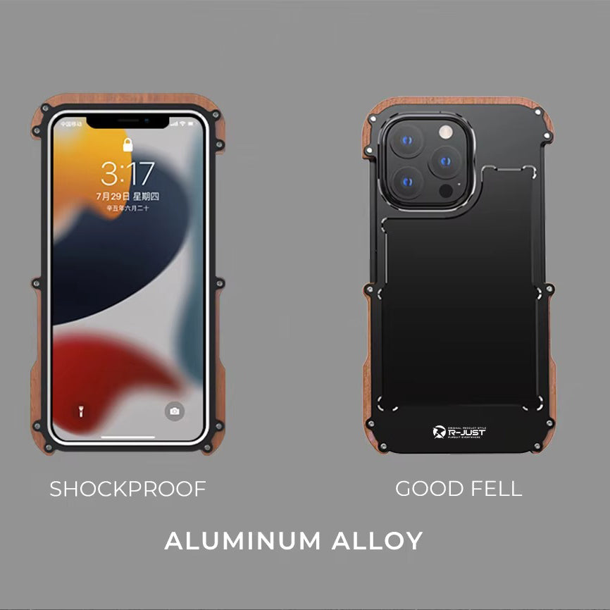 Luxury iPhone Case — Metal + Real Wood Bumper Cover with Shockproof Drop-Proof Aluminum Frame, Lightweight Non-Slip Design and Premium Craft Finish