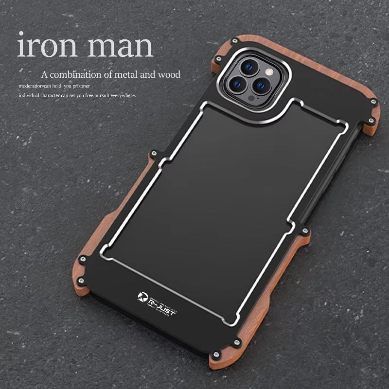 Luxury iPhone Case — Metal + Real Wood Bumper Cover with Shockproof Drop-Proof Aluminum Frame, Lightweight Non-Slip Design and Premium Craft Finish