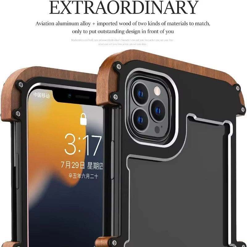 Luxury iPhone Case — Metal + Real Wood Bumper Cover with Shockproof Drop-Proof Aluminum Frame, Lightweight Non-Slip Design and Premium Craft Finish