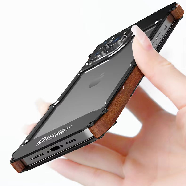 Luxury iPhone Case — Metal + Real Wood Bumper Cover with Shockproof Drop-Proof Aluminum Frame, Lightweight Non-Slip Design and Premium Craft Finish
