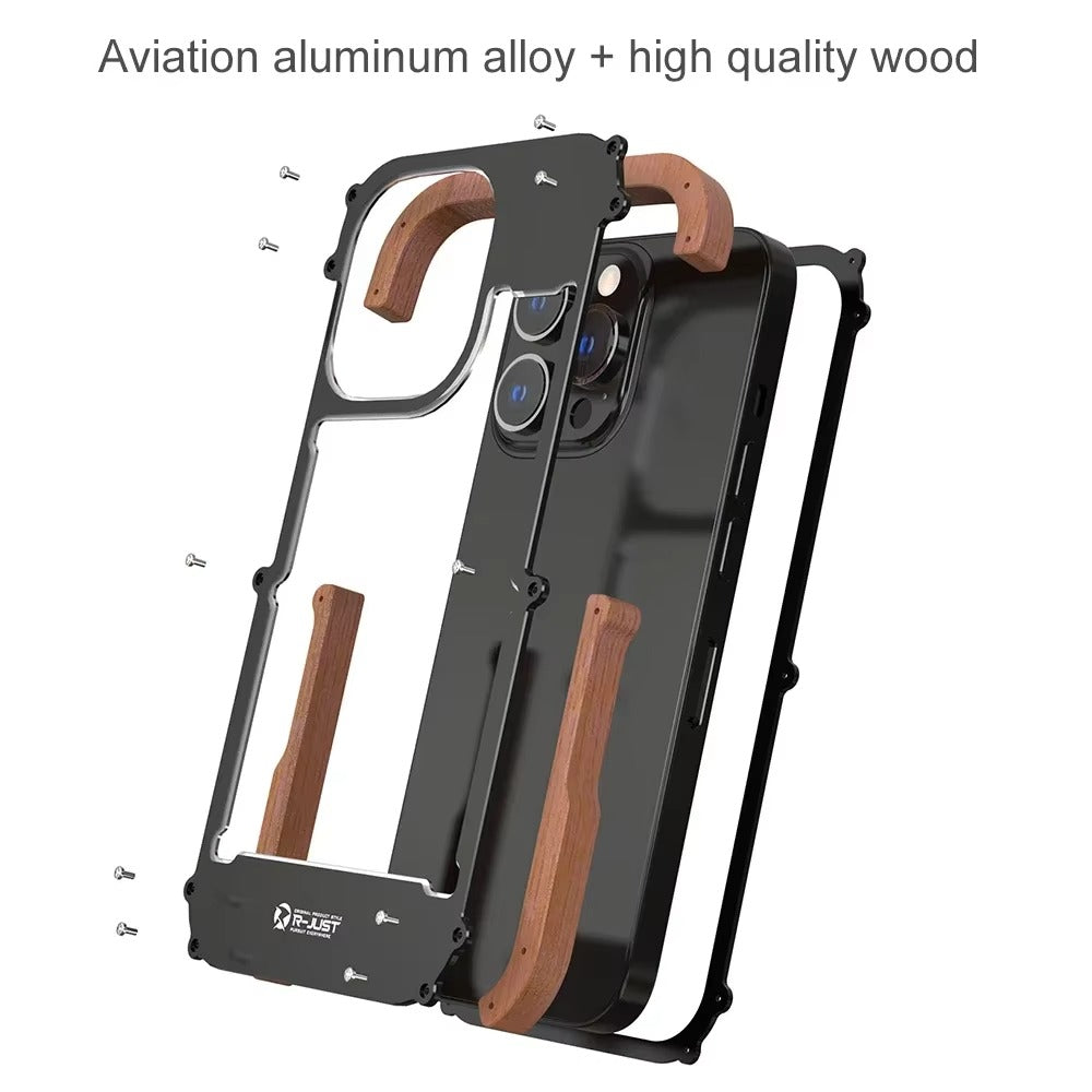 Luxury iPhone Case — Metal + Real Wood Bumper Cover with Shockproof Drop-Proof Aluminum Frame, Lightweight Non-Slip Design and Premium Craft Finish