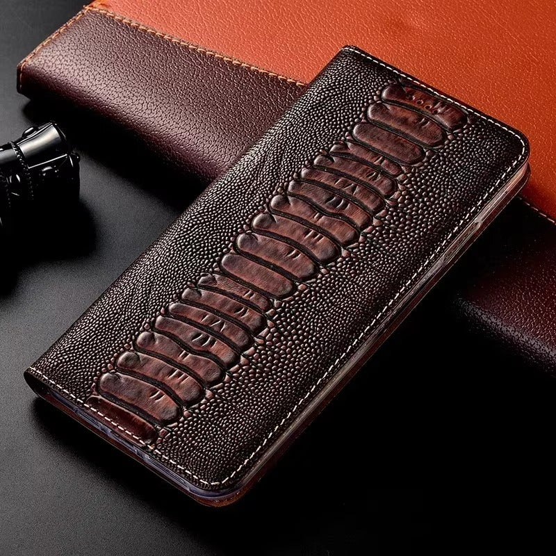 Luxury iPhone Case — Ostrich Foot Genuine Leather Cover, Magnetic Wallet with Card Pocket, Kickstand Function, Water-Resistant Design