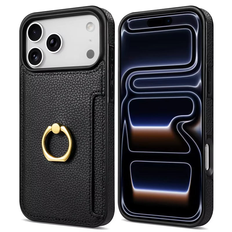 Luxury iPhone Case — PU Leather 360° Ring Holder Cover with Card Slots, Kickstand, Shockproof PC+TPU Protection and Anti-Fingerprint Finish