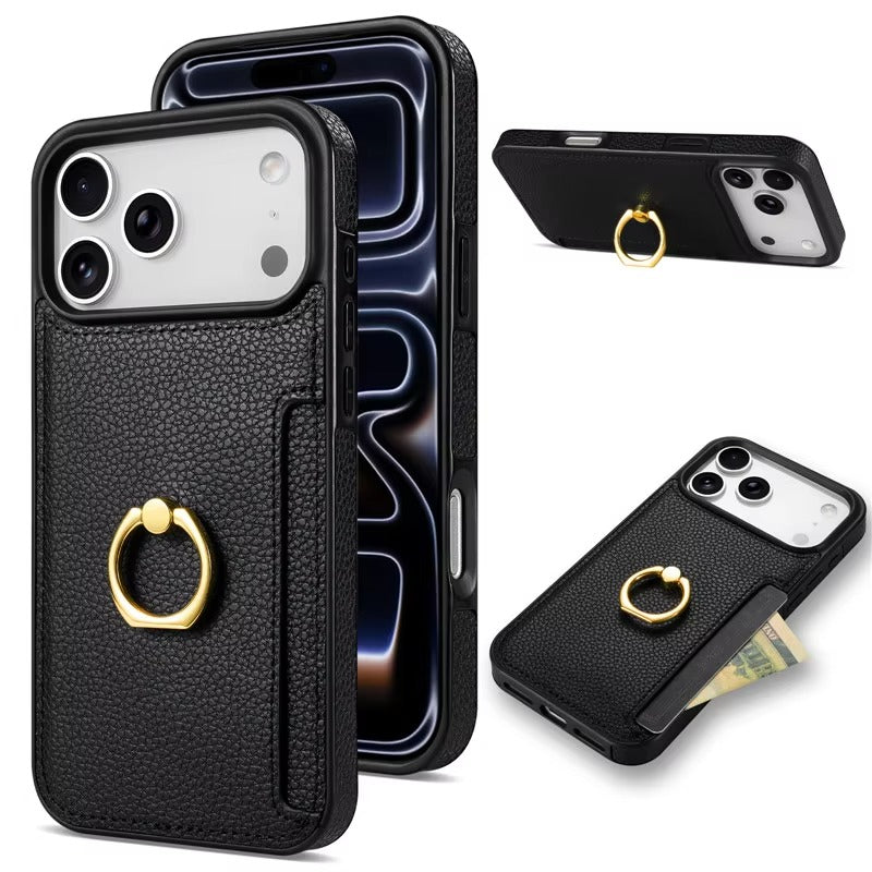 Luxury iPhone Case — PU Leather 360° Ring Holder Cover with Card Slots, Kickstand, Shockproof PC+TPU Protection and Anti-Fingerprint Finish