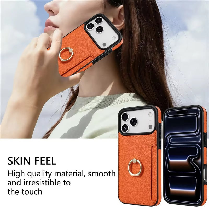 Luxury iPhone Case — PU Leather 360° Ring Holder Cover with Card Slots, Kickstand, Shockproof PC+TPU Protection and Anti-Fingerprint Finish