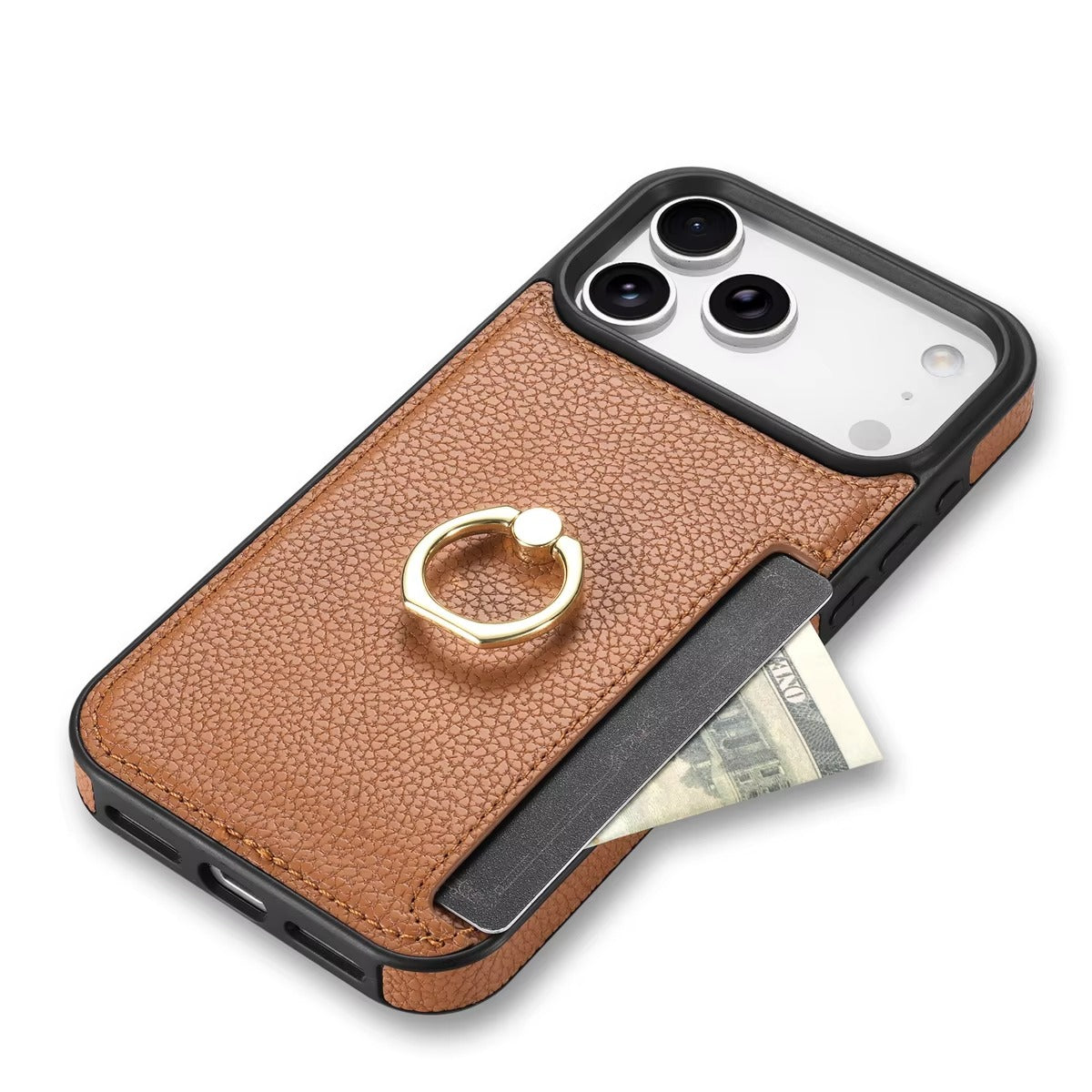 Luxury iPhone Case — PU Leather 360° Ring Holder Cover with Card Slots, Kickstand, Shockproof PC+TPU Protection and Anti-Fingerprint Finish
