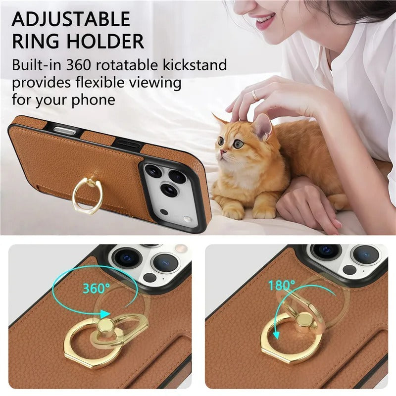 Luxury iPhone Case — PU Leather 360° Ring Holder Cover with Card Slots, Kickstand, Shockproof PC+TPU Protection and Anti-Fingerprint Finish