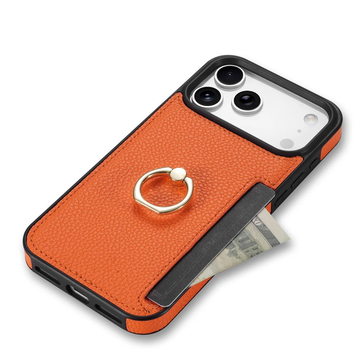 Luxury iPhone Case — PU Leather 360° Ring Holder Cover with Card Slots, Kickstand, Shockproof PC+TPU Protection and Anti-Fingerprint Finish