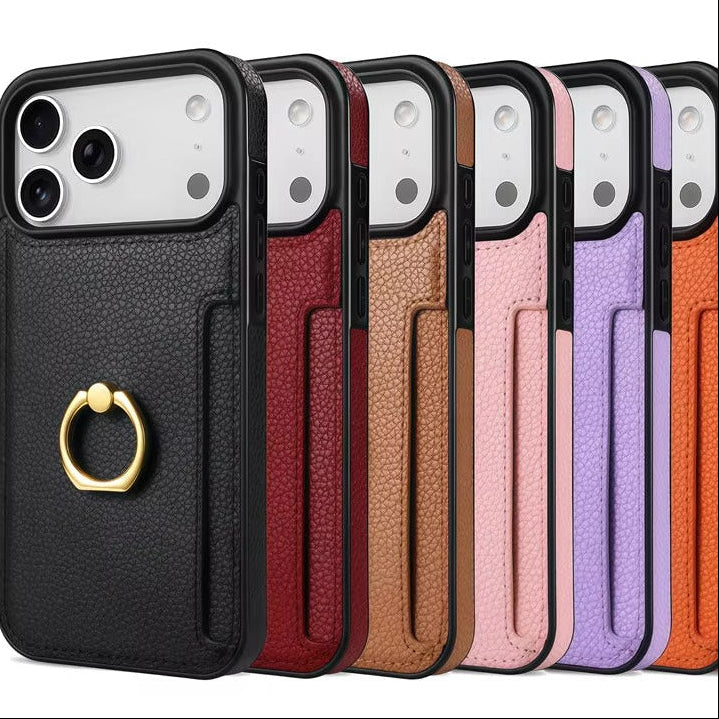 Luxury iPhone Case — PU Leather 360° Ring Holder Cover with Card Slots, Kickstand, Shockproof PC+TPU Protection and Anti-Fingerprint Finish