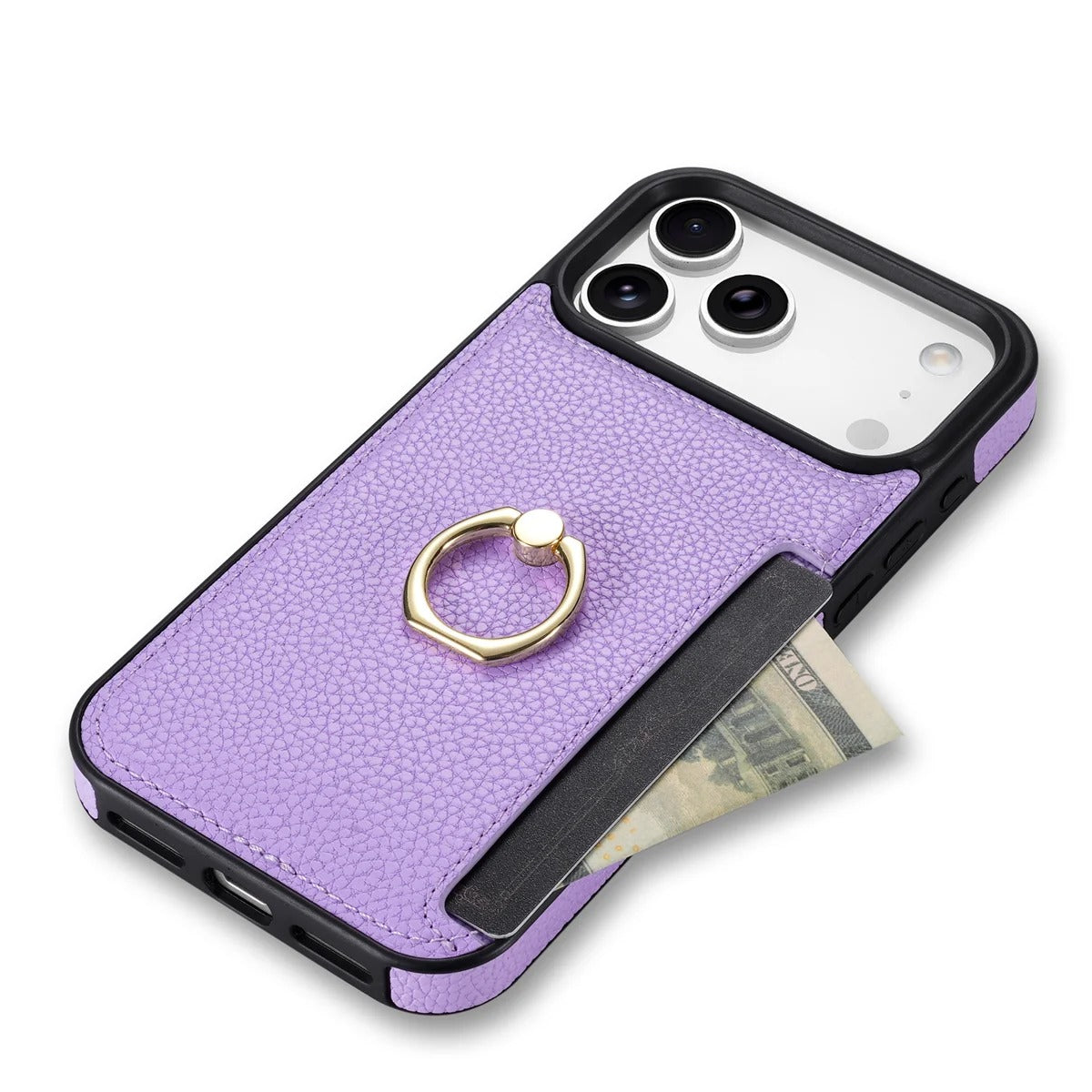 Luxury iPhone Case — PU Leather 360° Ring Holder Cover with Card Slots, Kickstand, Shockproof PC+TPU Protection and Anti-Fingerprint Finish