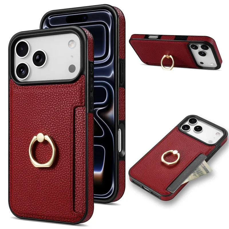Luxury iPhone Case — PU Leather 360° Ring Holder Cover with Card Slots, Kickstand, Shockproof PC+TPU Protection and Anti-Fingerprint Finish