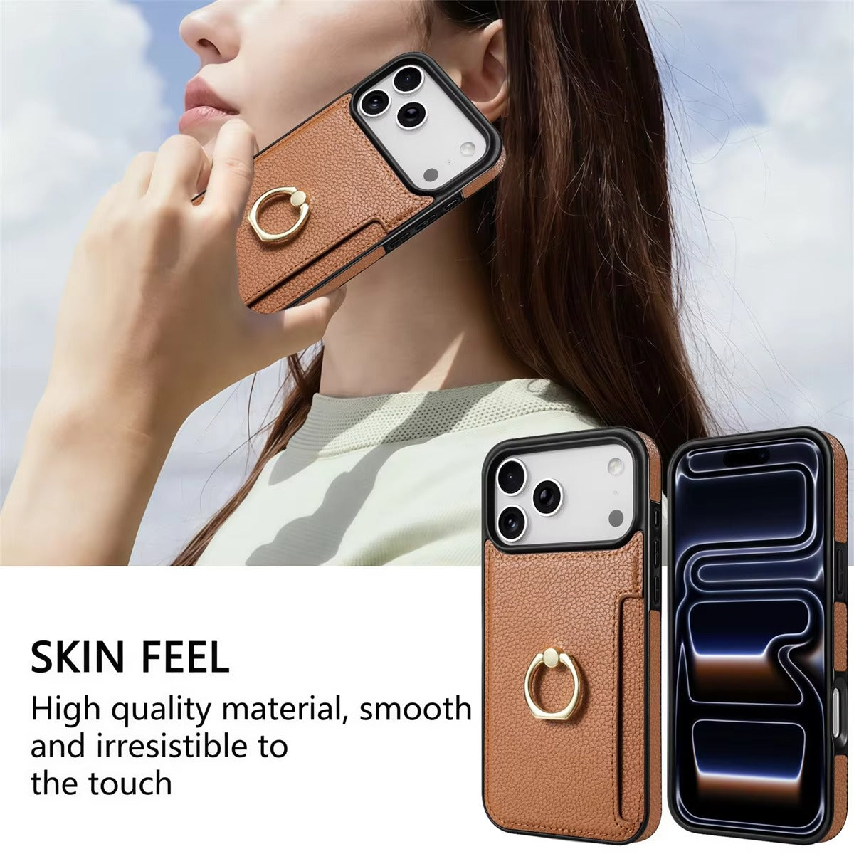 Luxury iPhone Case — PU Leather 360° Ring Holder Cover with Card Slots, Kickstand, Shockproof PC+TPU Protection and Anti-Fingerprint Finish
