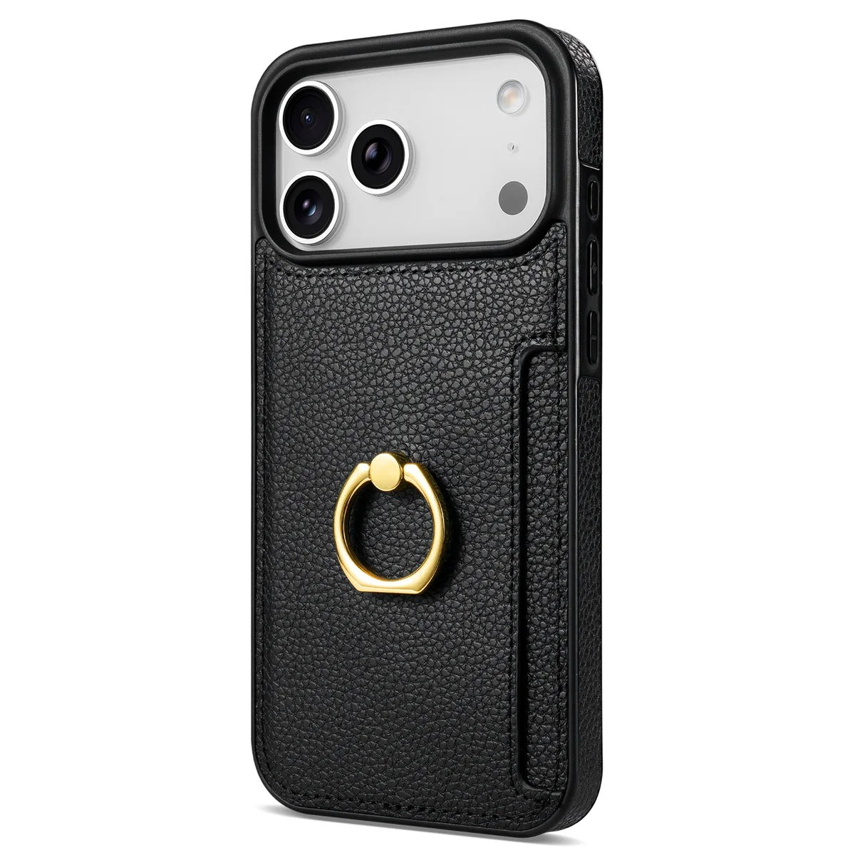 Luxury iPhone Case — PU Leather 360° Ring Holder Cover with Card Slots, Kickstand, Shockproof PC+TPU Protection and Anti-Fingerprint Finish