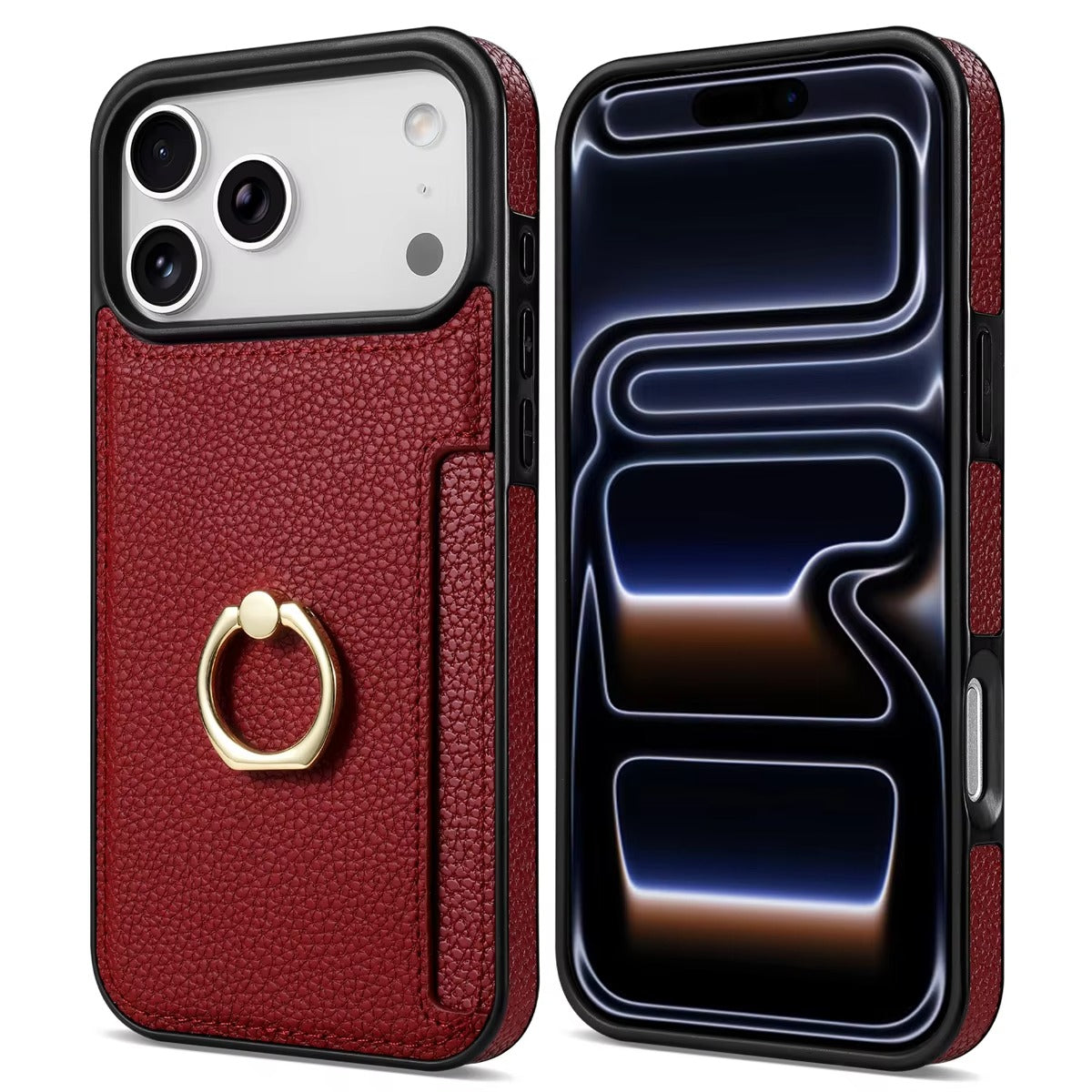 Luxury iPhone Case — PU Leather 360° Ring Holder Cover with Card Slots, Kickstand, Shockproof PC+TPU Protection and Anti-Fingerprint Finish