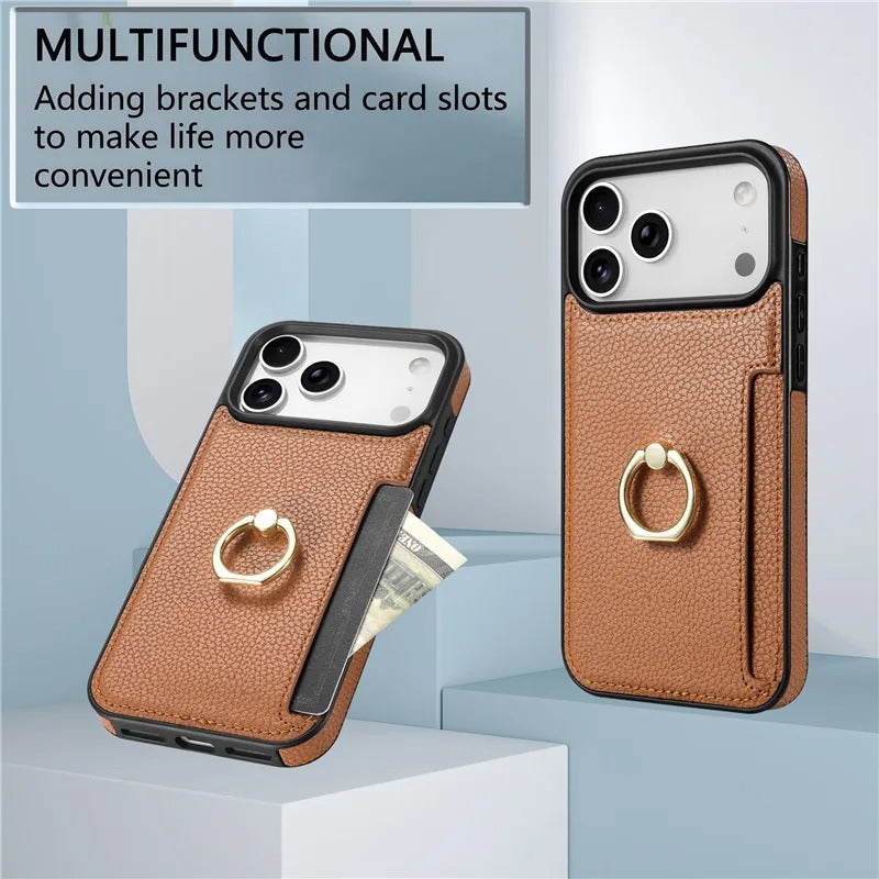 Luxury iPhone Case — PU Leather 360° Ring Holder Cover with Card Slots, Kickstand, Shockproof PC+TPU Protection and Anti-Fingerprint Finish