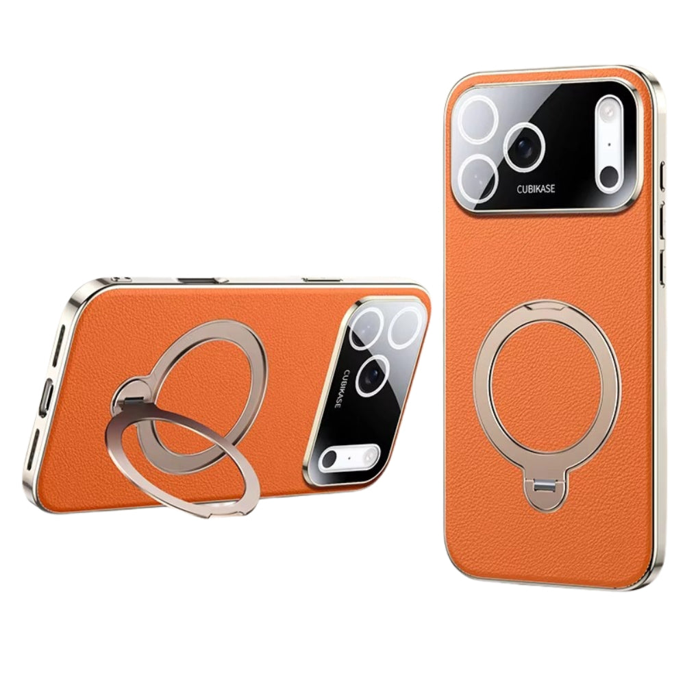 Luxury iPhone Case — PU Leather Cover with Rotating Metal Bracket Stand, Shockproof Back Protection and Premium Non-Slip Design