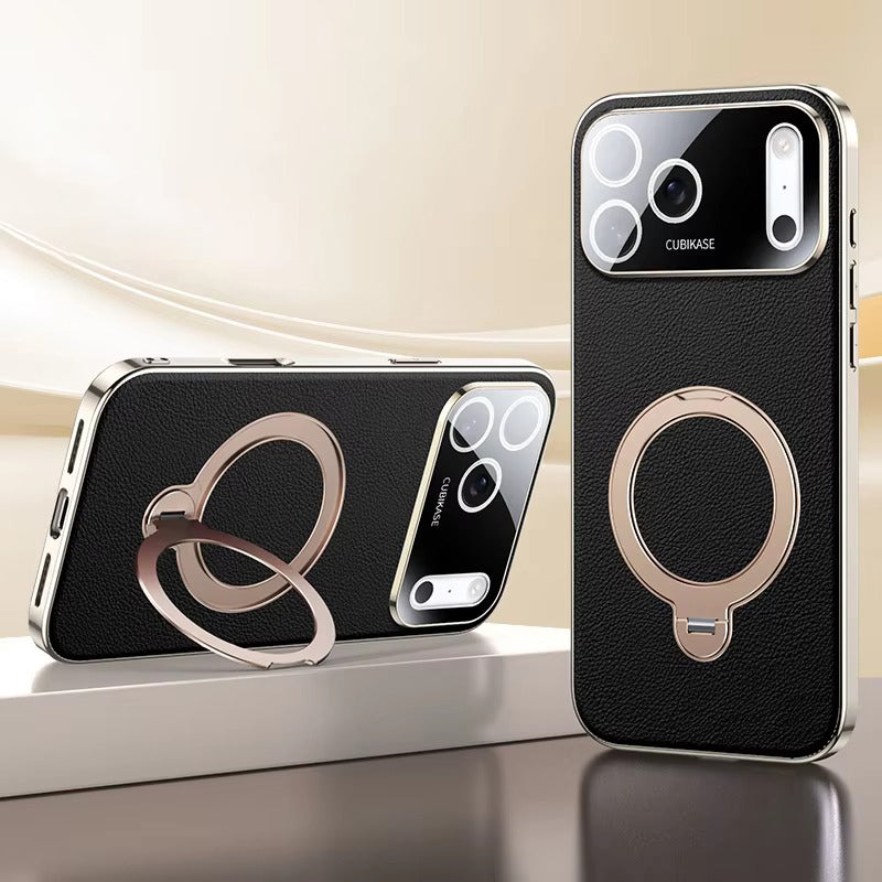 Luxury iPhone Case — PU Leather Cover with Rotating Metal Bracket Stand, Shockproof Back Protection and Premium Non-Slip Design