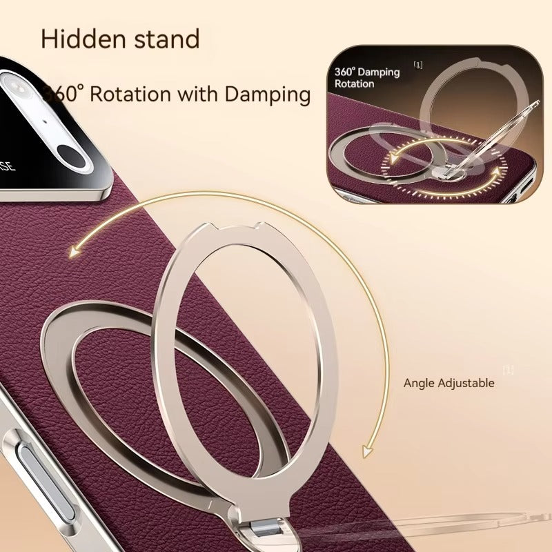 Luxury iPhone Case — PU Leather Cover with Rotating Metal Bracket Stand, Shockproof Back Protection and Premium Non-Slip Design