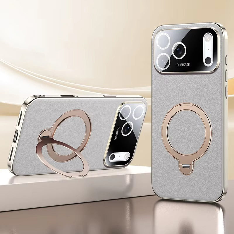 Luxury iPhone Case — PU Leather Cover with Rotating Metal Bracket Stand, Shockproof Back Protection and Premium Non-Slip Design