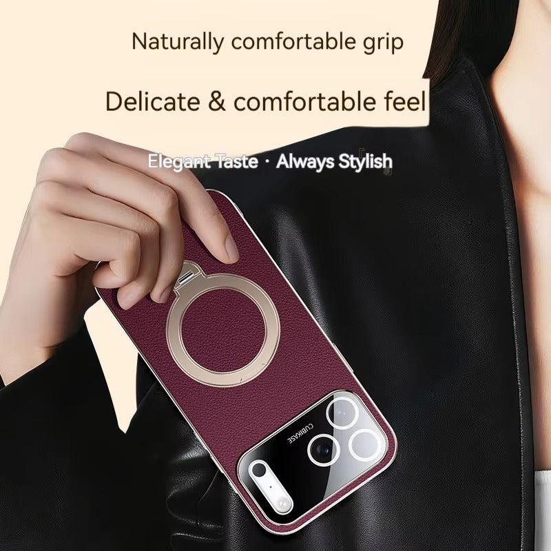 Luxury iPhone Case — PU Leather Cover with Rotating Metal Bracket Stand, Shockproof Back Protection and Premium Non-Slip Design