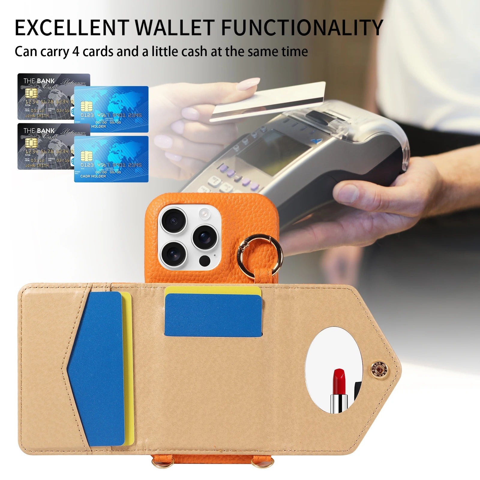 Luxury iPhone Case — PU Leather Crossbody Cover with Anti-Demagnetization Protection, Anti-Drop Design & Built-In Mirror for Hands-Free Convenience